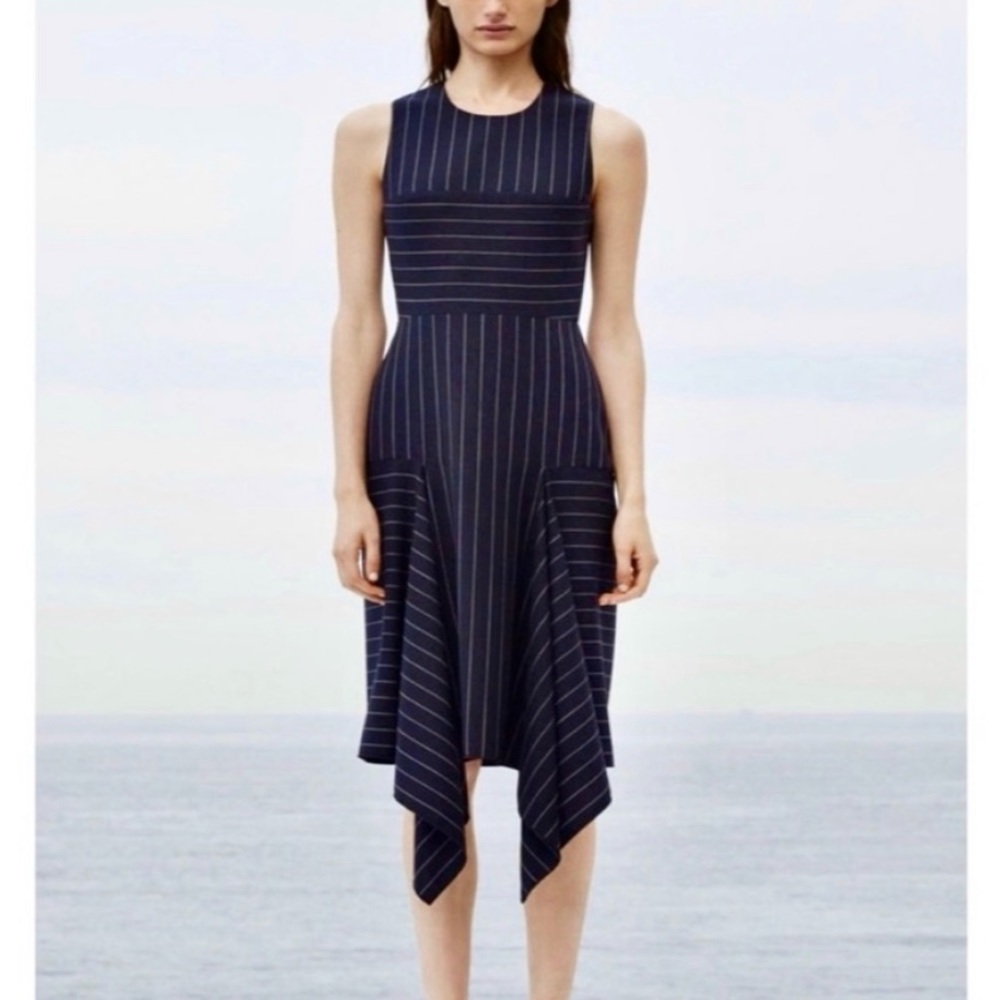 SPRING SALE! Dion Lee Dark Blue Pinstripe Asymmetrical Midi Sleeveless Dress
